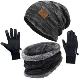 mens 3 pieces winter warm beanie hat scarf and touchscreen gloves set,knit cap neck warmer with fleece lined (beanie+scarf+gloves(black))