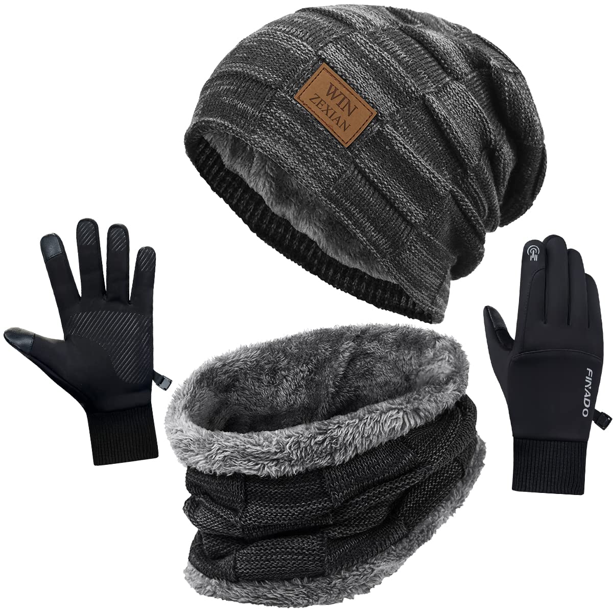 Mens 3 Pieces Winter Warm Beanie Hat Scarf and Touchscreen Gloves Set,Knit Cap Neck Warmer with Fleece Lined (Beanie+Scarf+Gloves(Black))