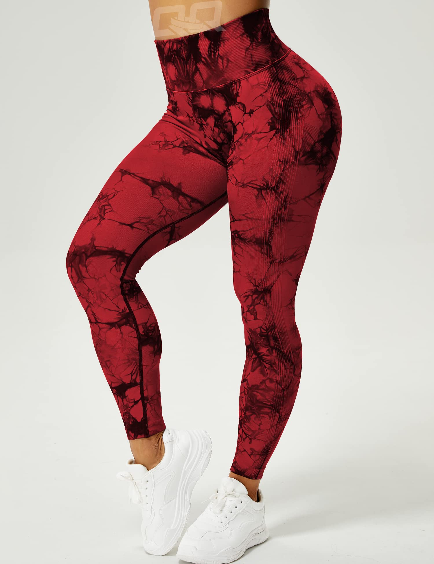 QOQ Womens Tie Dye High Waisted Workout Leggings Seamless Scrunch Booty Butt Lift Yoga Pants Tummy Control Compression Tights Red XL