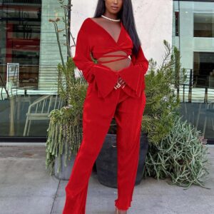 Women Boho 2 Piece Casual Outfit Long Sleeve Tie Front Cardigans Wide Leg Pants Tracksuit Set Red