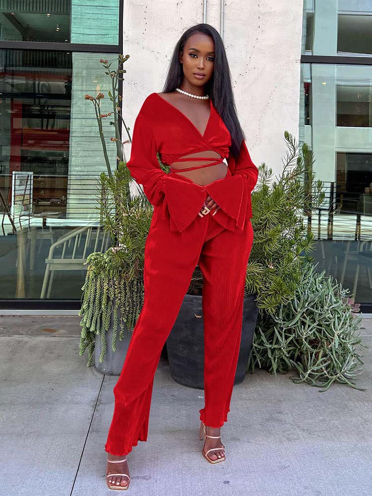 Women Boho 2 Piece Casual Outfit Long Sleeve Tie Front Cardigans Wide Leg Pants Tracksuit Set Red