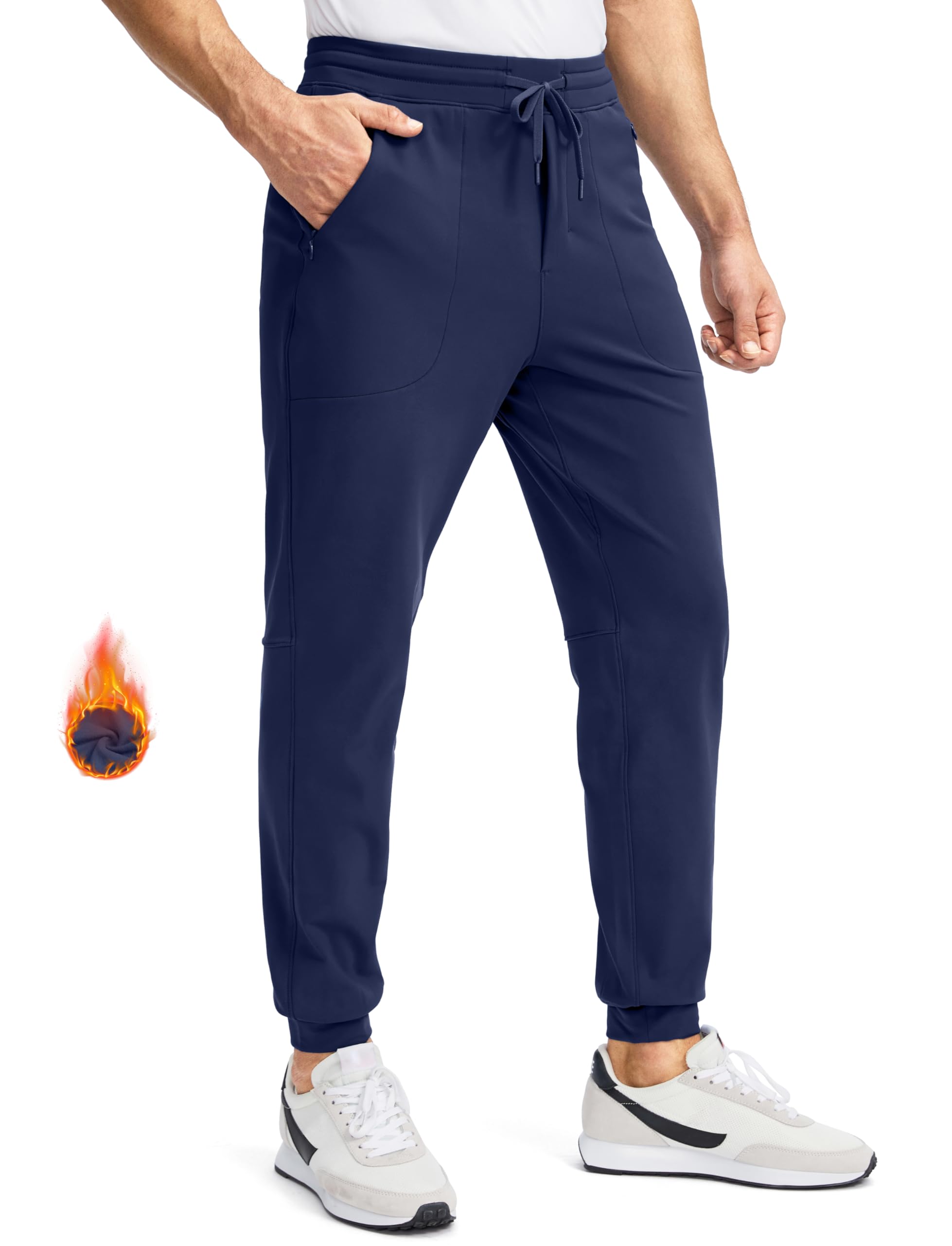 Pudolla Men's Joggers Sweatpants Fleece Lined Pants with Zipper Pockets for Winter Running Workout Gym(Navy X-Large)