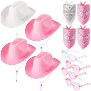 4 Sets Cowboy Hats with Bandana for Halloween Cosplay Costume Cowgirl Hat for Wedding Bride Bridesmaid Men Women, Pink, White