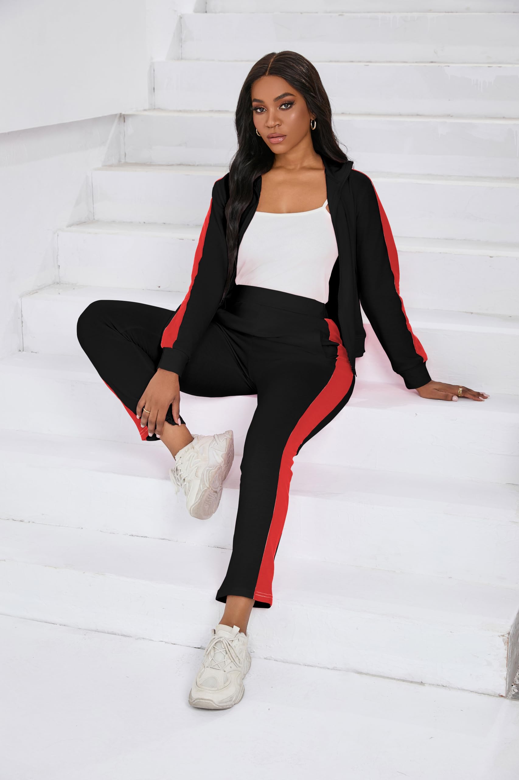 PINSV Womens Tracksuit Two Piece Outfits Long Sleeve Zip Up Jacket Jogger Casual Sweatsuit Matching Sets Track Suits Black Red XL