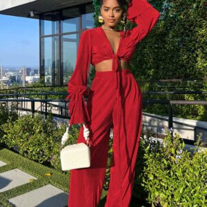 Women Boho 2 Piece Casual Outfit Long Sleeve Tie Front Cardigans Wide Leg Pants Tracksuit Set Red