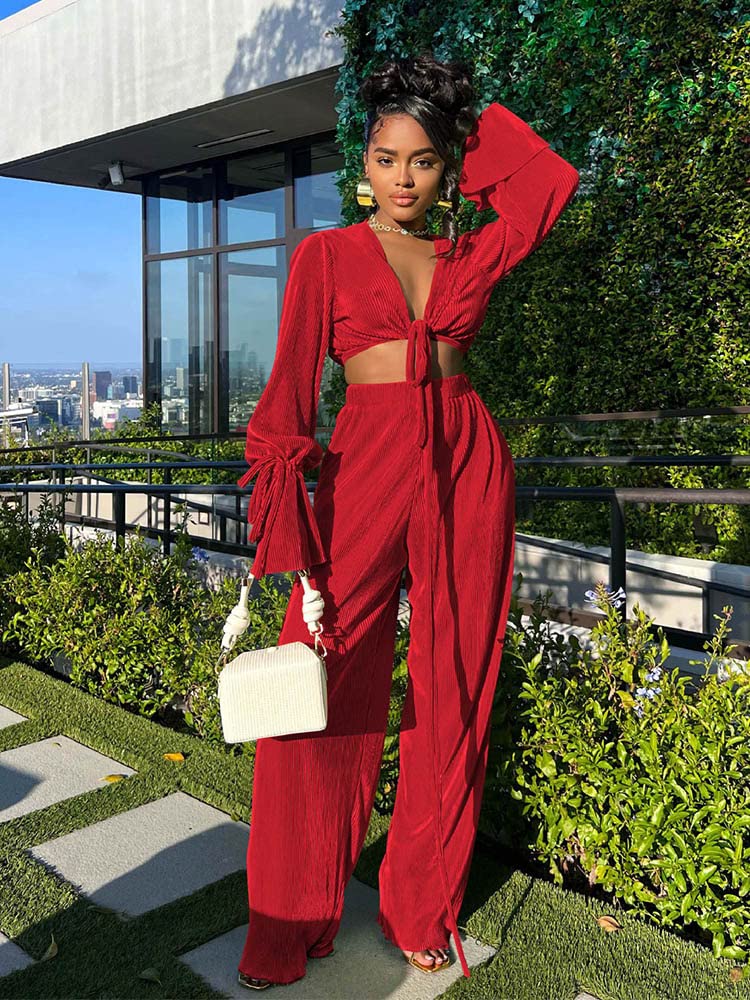 Women Boho 2 Piece Casual Outfit Long Sleeve Tie Front Cardigans Wide Leg Pants Tracksuit Set Red