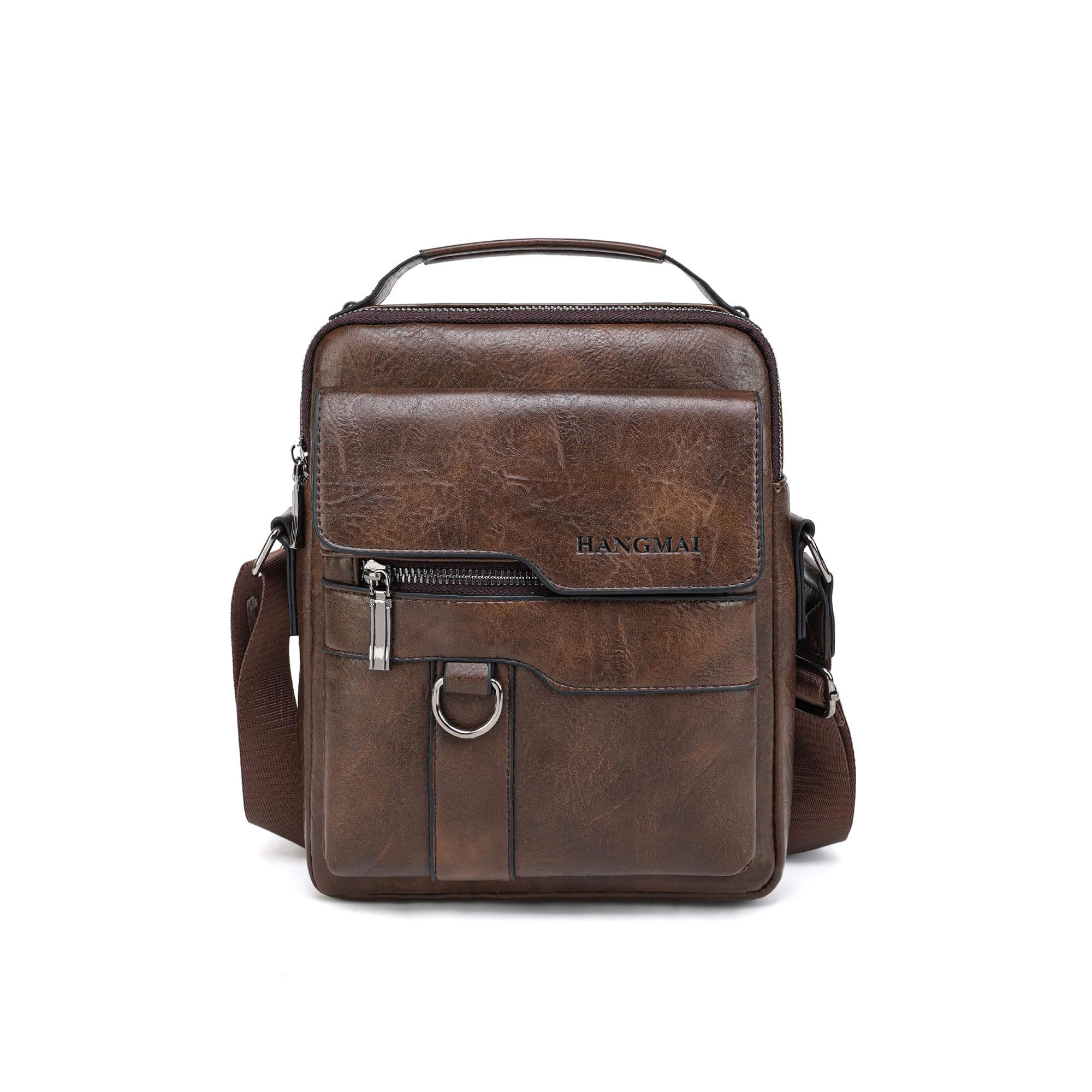 HANGMAI Leather Crossbody Bag for Men Small Messenger Bag Side Shoulder Purse Man Travel Handbag for Office Business Dark Brown