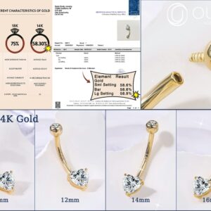 OUFER Gold Belly Button Rings, 14K Solid Gold Heart Shaped Belly Rings, Internally Threaded Belly Button Piercing, Clear CZ Belly Piercing Jewelry, Navel Rings-10MM