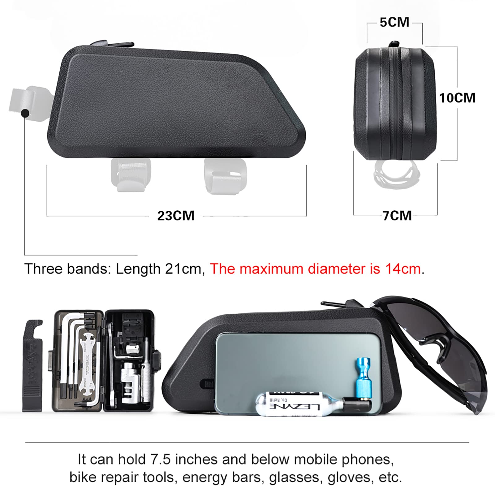 FUUBAMB00 1.2L Bike TopTube Bicycle Bag TPU Waterproof Hard Shell Bike Bag Stable Cycling Frame Bag BikePhone Bag Cycling Accessories,Black,23 * 7 * 10cm