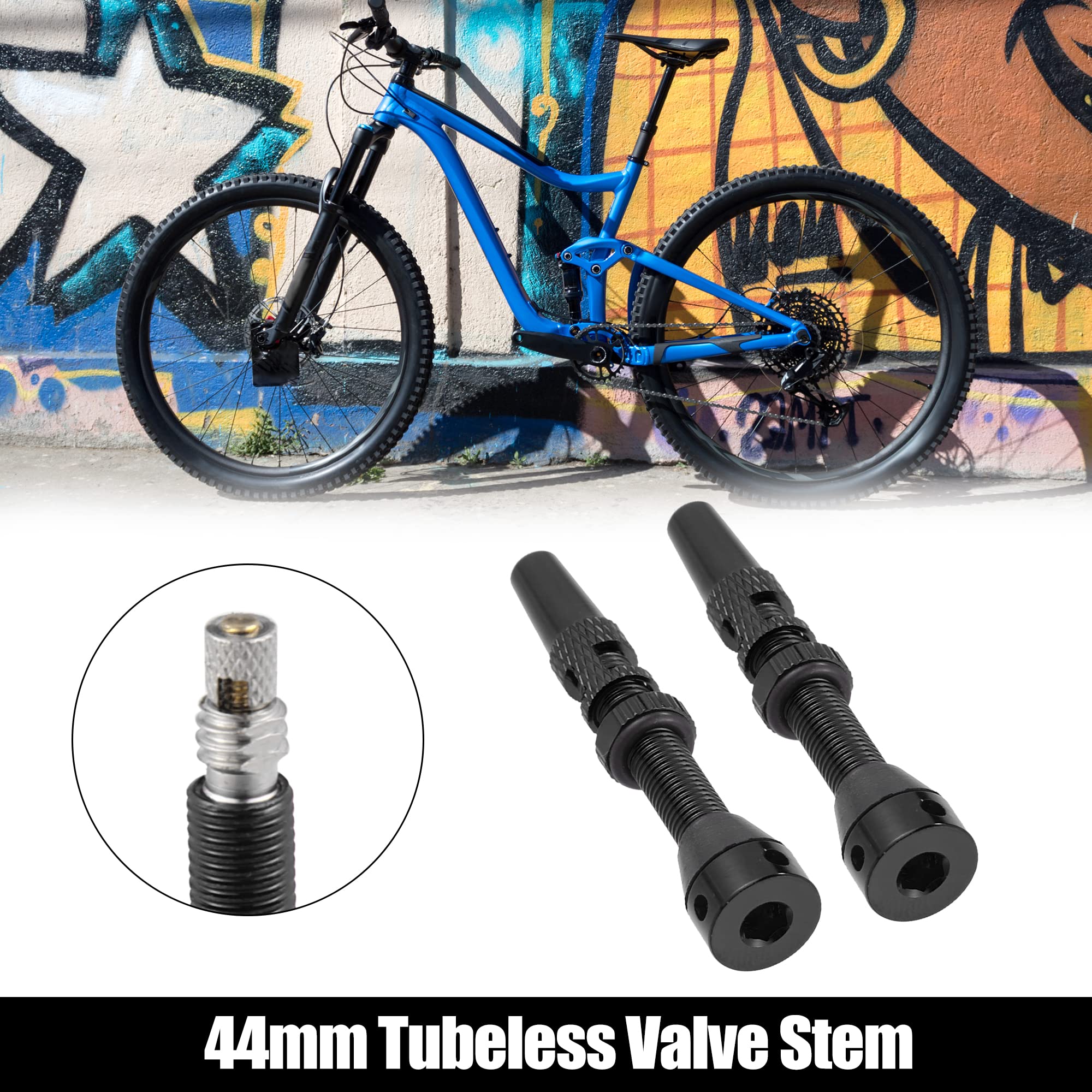 X AUTOHAUX 1 Set Universal Aluminum Alloy Rubber 44mm Bike Tubeless Valve Stems with Valve Core Remover Tool Kit and Valve Stem Caps for Mountain Bicycle Black