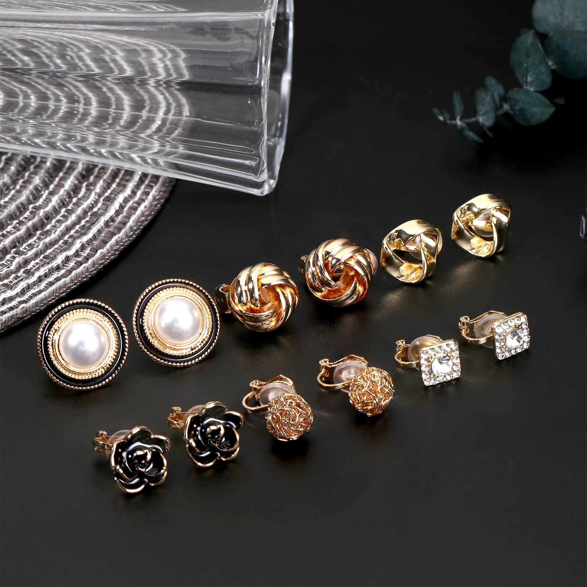 YADOCA 12 Pairs Clip On Earrings for Women Clip Earrings Non Pierced Earrings CZ Flower Twist Knot Simulated Pearl Clip On Earrings Sets