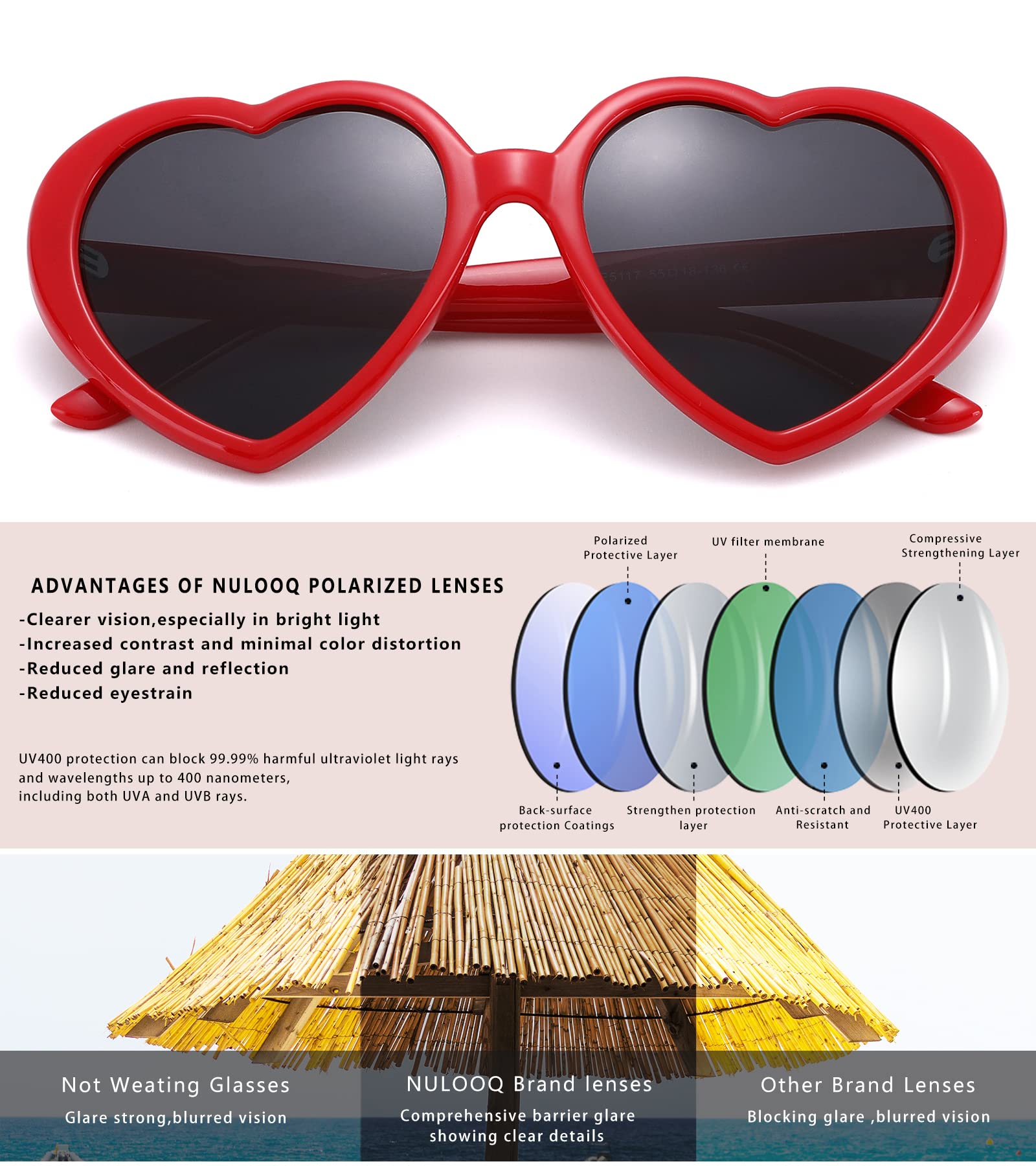 NULOOQ Polarized Heart Shaped Sunglasses for Women Retro Fashion Large Frame Lovely Style with UV400 Protection (Red Frame/Gray Lens)