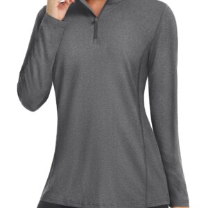 MAGCOMSEN Quarter Zip Women Long Sleeve Sun Shirts UV Protection Collared Golf Shirt Hiking Athletic Tops Dark Grey M