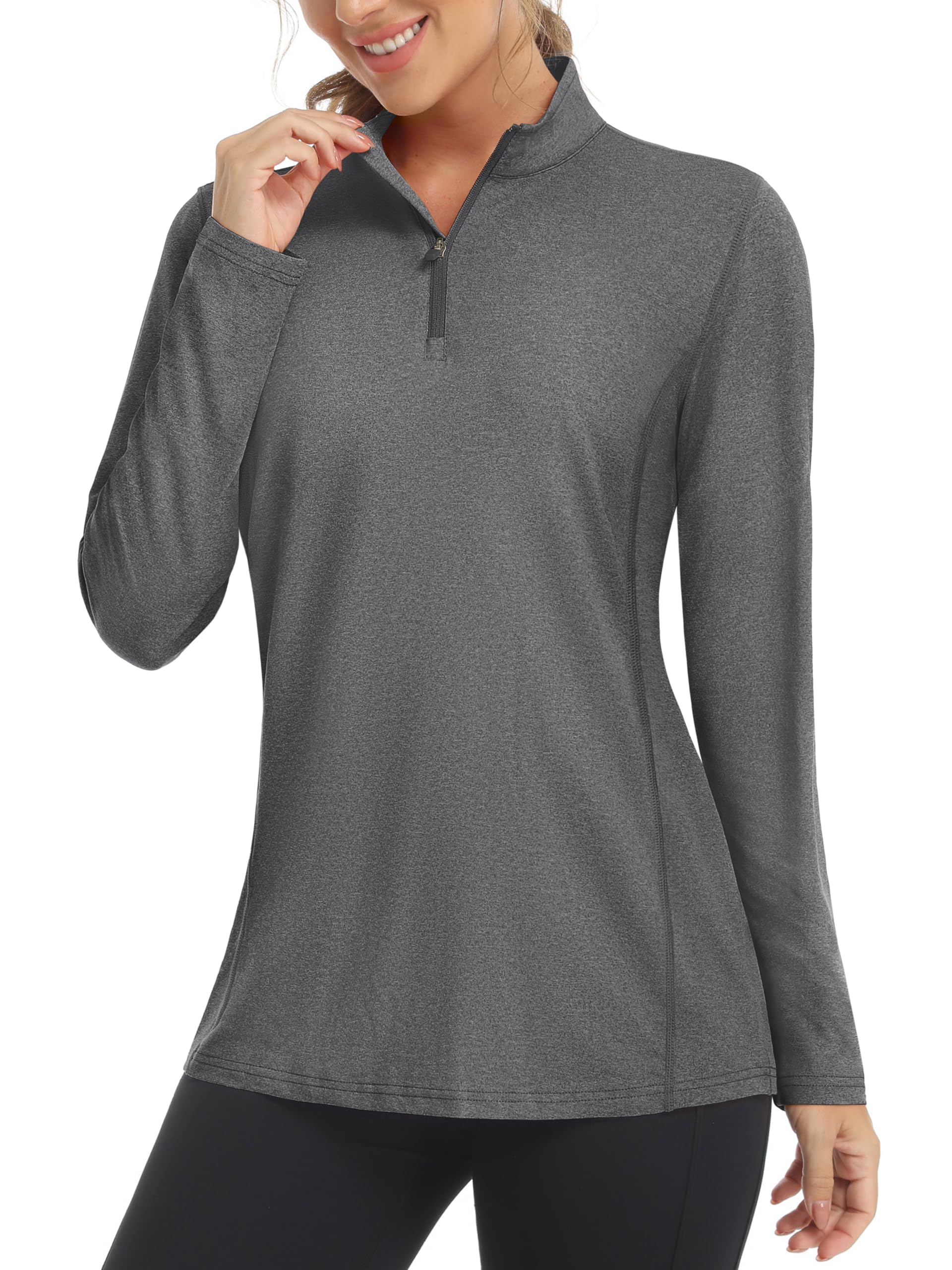 MAGCOMSEN Quarter Zip Women Long Sleeve Sun Shirts UV Protection Collared Golf Shirt Hiking Athletic Tops Dark Grey M