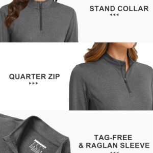 MAGCOMSEN Quarter Zip Women Long Sleeve Sun Shirts UV Protection Collared Golf Shirt Hiking Athletic Tops Dark Grey L