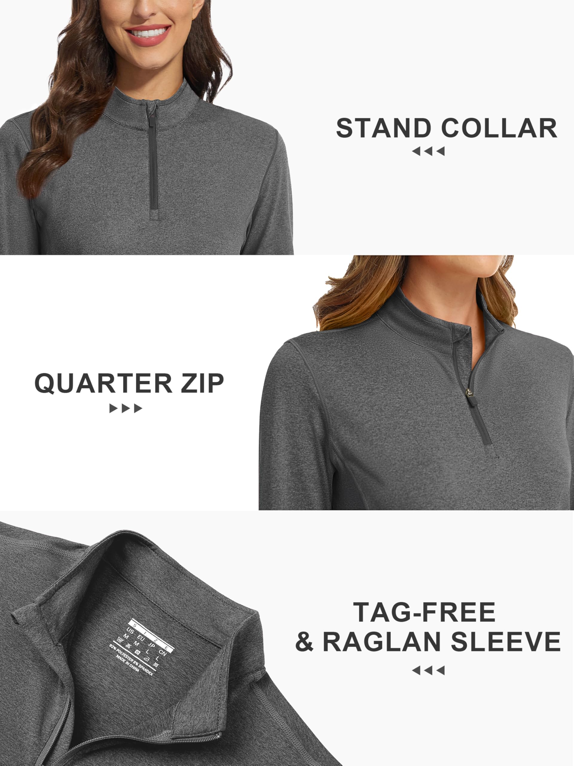 MAGCOMSEN Quarter Zip Women Long Sleeve Sun Shirts UV Protection Collared Golf Shirt Hiking Athletic Tops Dark Grey L