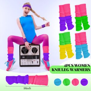 Women 80s Leg Warmers Set Ribbed Leg Warmer for Neon Party with 4 Sets Fitness Headband Wristbands for Yoga Sport (Bright Color)