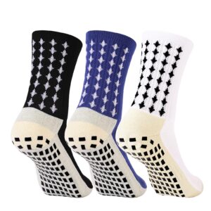 wonhag men's grip soccer socks for athletic crew non slip gripper pads socks anti skid black white blue crew socks 3 pairs