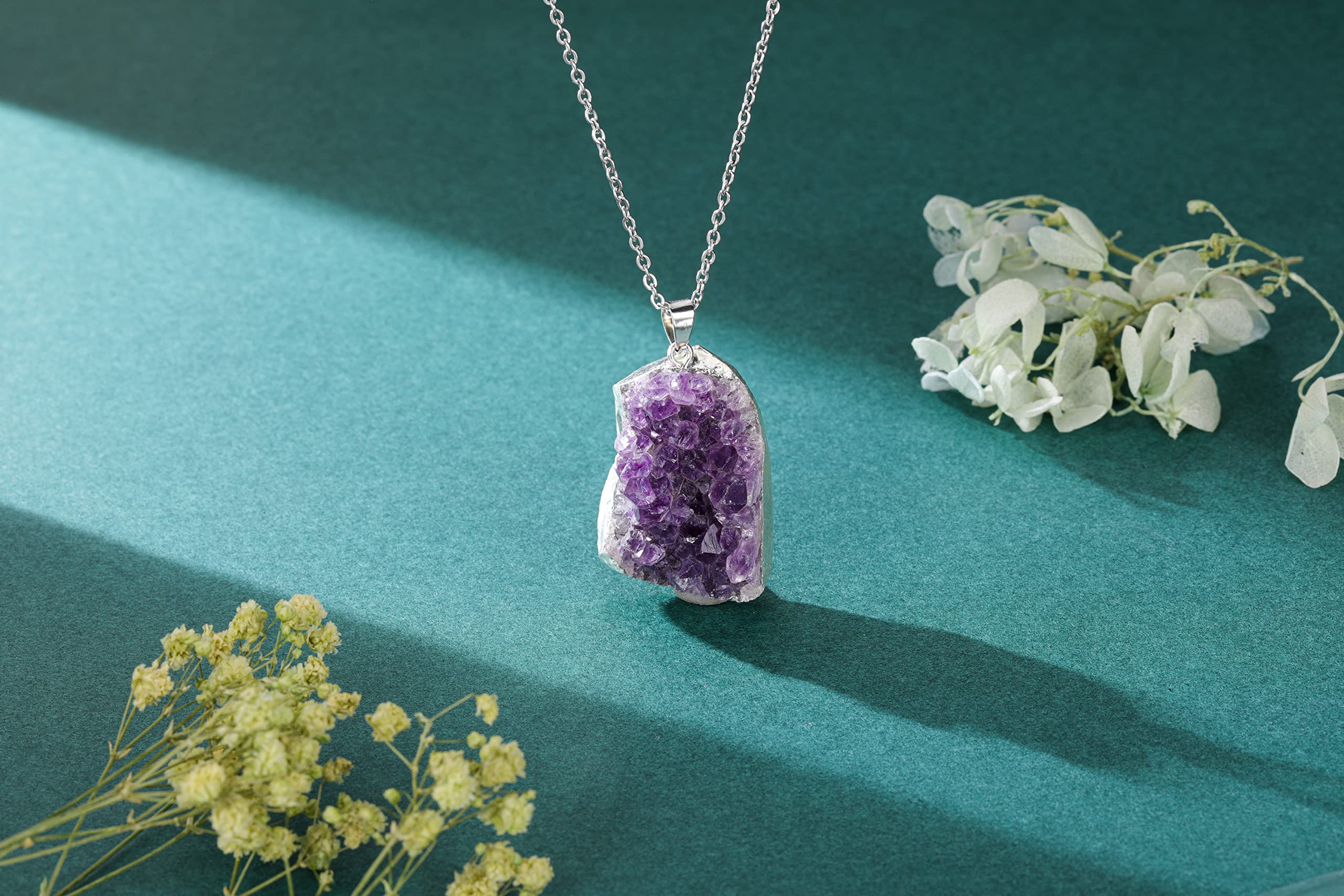 CrystalTears Amethyst Healing Crystal Necklace Natural Raw Amethyst Quartz Crystal Cluster Stone Pendant Necklace for Women Mother’s Day Gift for mom