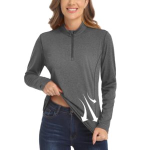 MAGCOMSEN Quarter Zip Women Long Sleeve Sun Shirts UV Protection Collared Golf Shirt Hiking Athletic Tops Dark Grey L