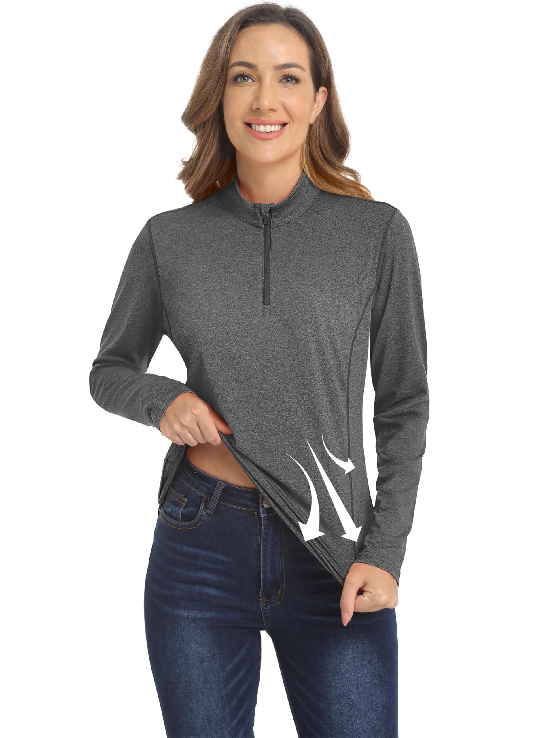 MAGCOMSEN Quarter Zip Women Long Sleeve Sun Shirts UV Protection Collared Golf Shirt Hiking Athletic Tops Dark Grey L