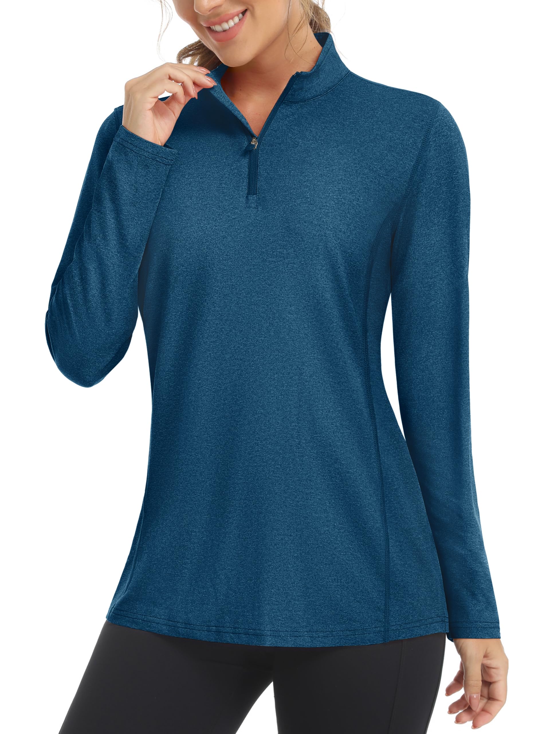 MAGCOMSEN Women's Shirts Long Sleeve 1/4 Zip UPF50+ Sun Protection Quick Dry Hiking Workout Athletic Shirt Dark Blue M