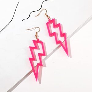 Multicolor 80s Neon Earrings Acrylic Exaggerated Lightning Bolt Dangle Earrings Halloween Retro 80 90's Party Costume Accessories Jewelry for Women-Hollow Pink