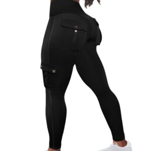 Flamingals Butt Lifting Leggings with Flap Pockets Workout Cargo Leggings for Women Black S