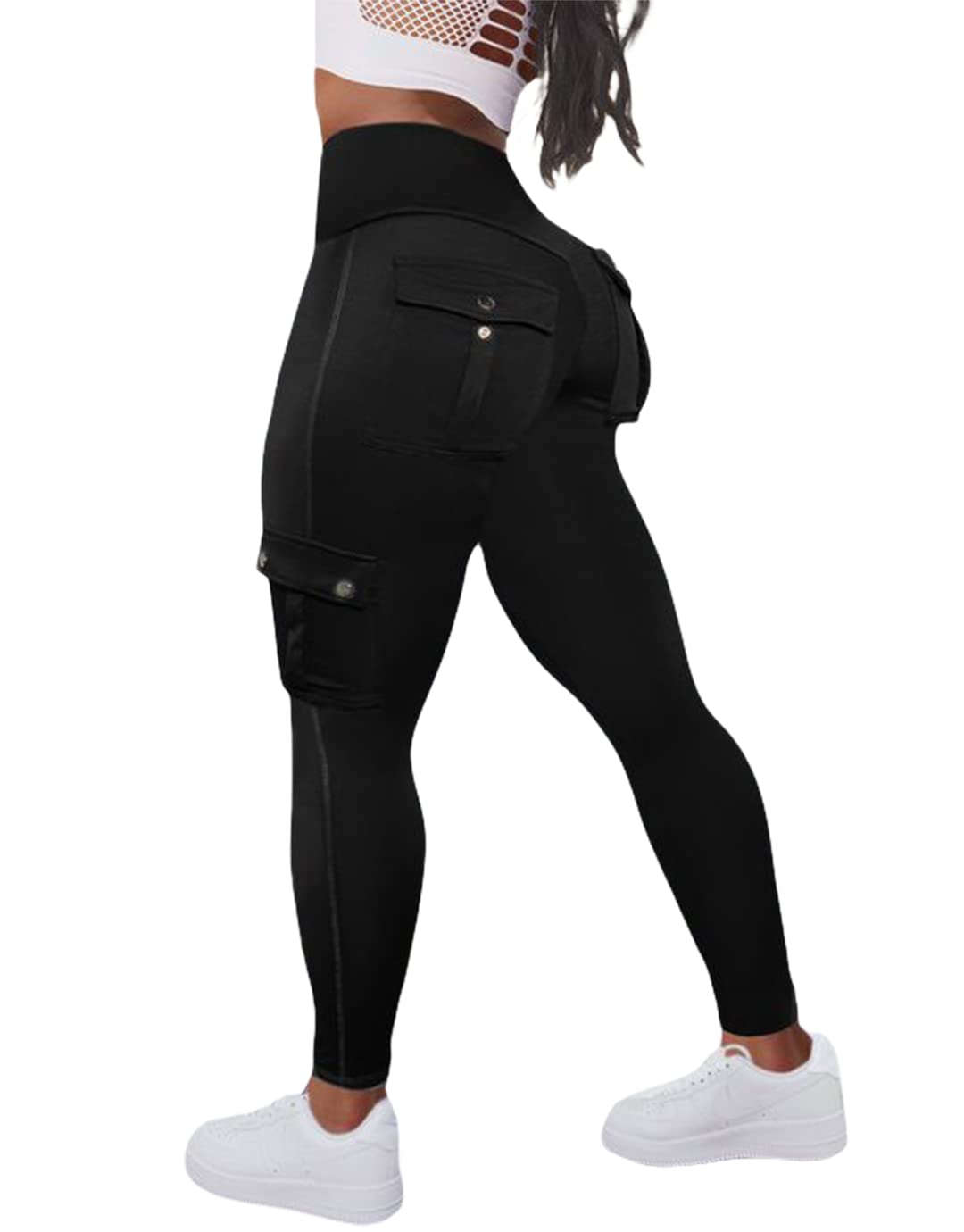 Flamingals Butt Lifting Leggings with Flap Pockets Workout Cargo Leggings for Women Black S