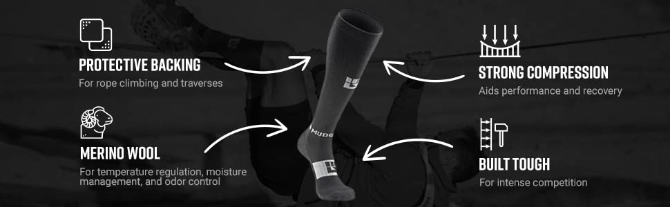 MudGear Merino Wool Long Compression Socks - Wool Compression Socks for Mountain Biking And Cycling, Gym, Running, Cycling, Hiking,Work - Cushioned Athletic Socks (Black/Gray,Large)