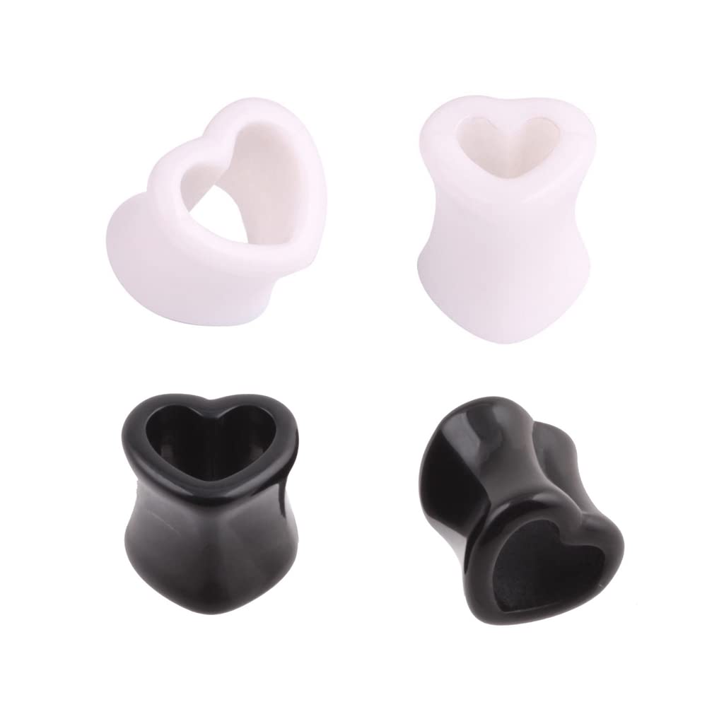 2Pairs Heart Shape Acrylic Ear Tunnel Plugs Ear Gauges Expanders Black White Double Flared Tunnels Stretcher Earrings Cute Love Lobe Piercing Body Jewelry Set Gifts Girlfriend Bff Birthday, 6g(4mm),