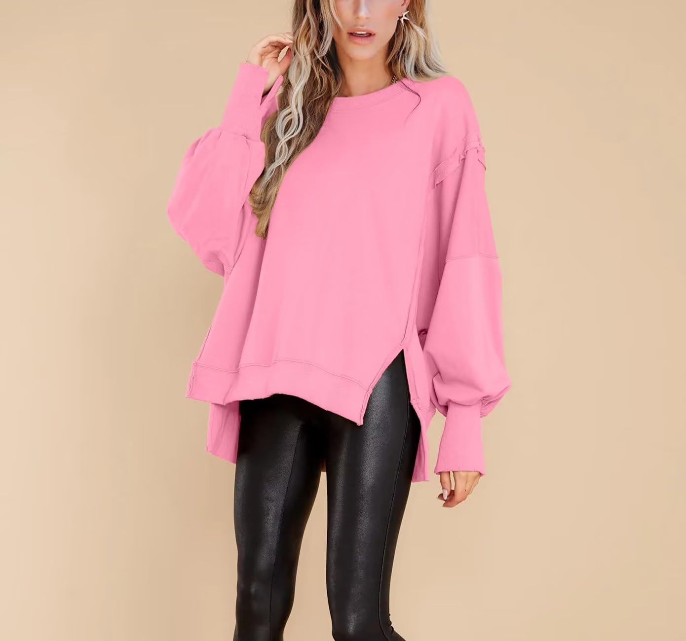 BWQ Womens Oversized Sweatshirt Crew Neck Long Sleeve Shirt Loose Pullover Tops S-2XL Pink