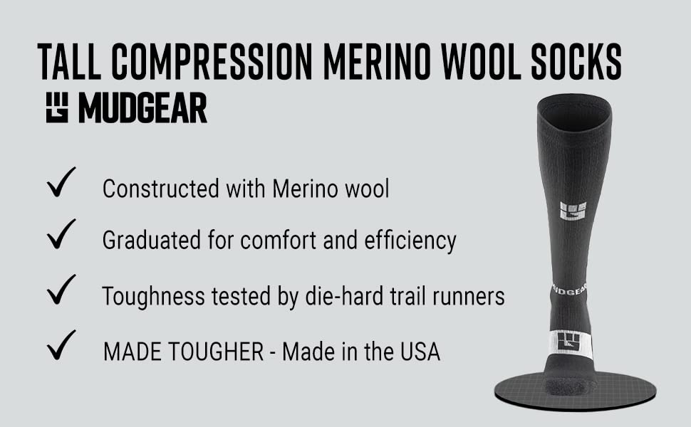 MudGear Merino Wool Long Compression Socks - Wool Compression Socks for Mountain Biking And Cycling, Gym, Running, Cycling, Hiking,Work - Cushioned Athletic Socks (Black/Gray,Large)