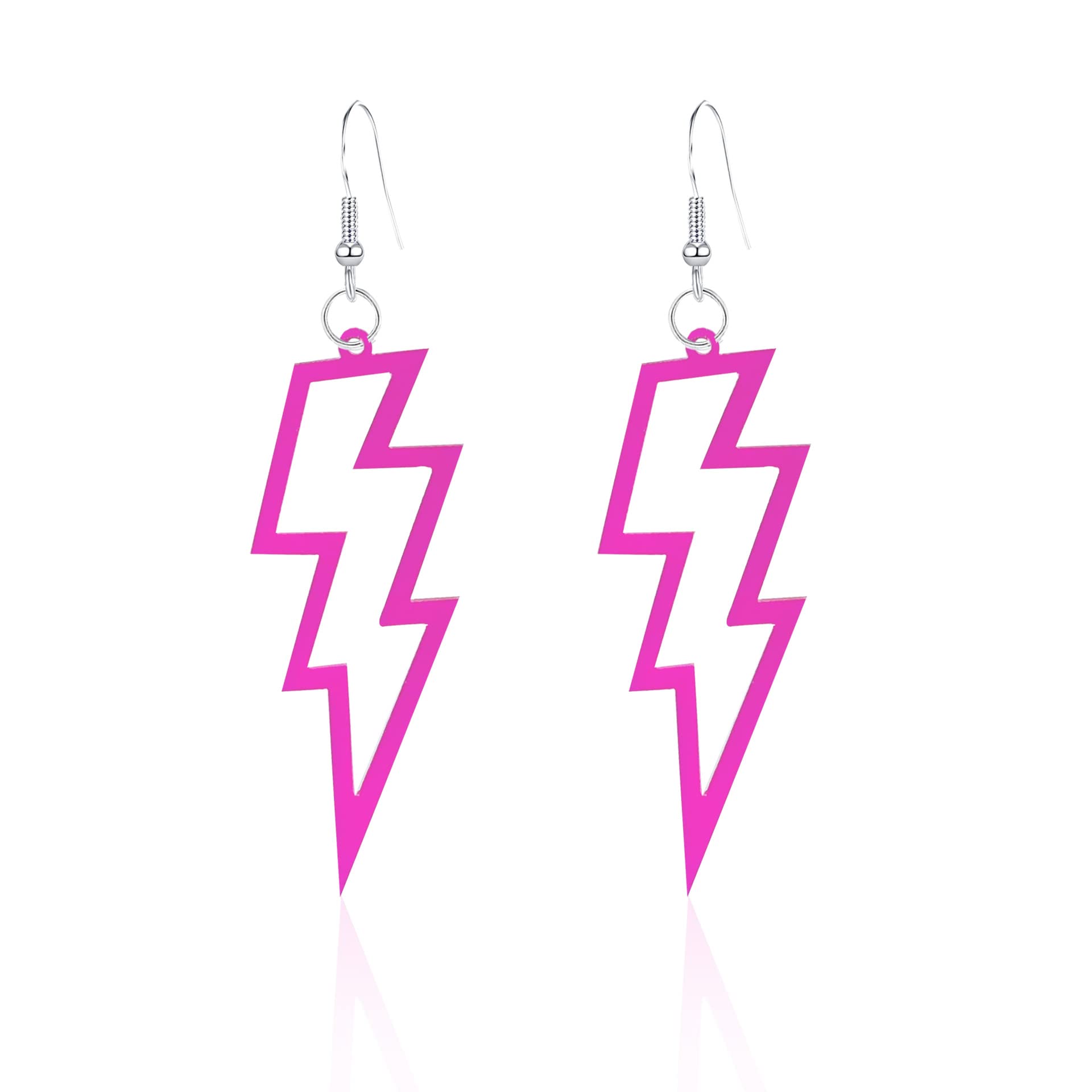 Multicolor 80s Neon Earrings Acrylic Exaggerated Lightning Bolt Dangle Earrings Halloween Retro 80 90's Party Costume Accessories Jewelry for Women-Hollow Pink