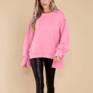 BWQ Womens Oversized Sweatshirt Crew Neck Long Sleeve Shirt Loose Pullover Tops S-2XL Pink