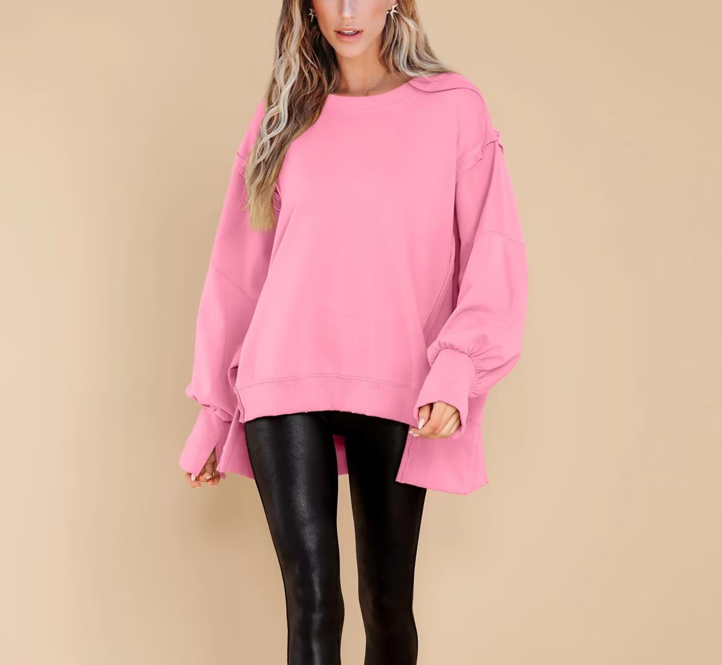 BWQ Womens Oversized Sweatshirt Crew Neck Long Sleeve Shirt Loose Pullover Tops S-2XL Pink