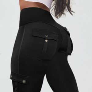 Flamingals Butt Lifting Leggings with Flap Pockets Workout Cargo Leggings for Women Black S