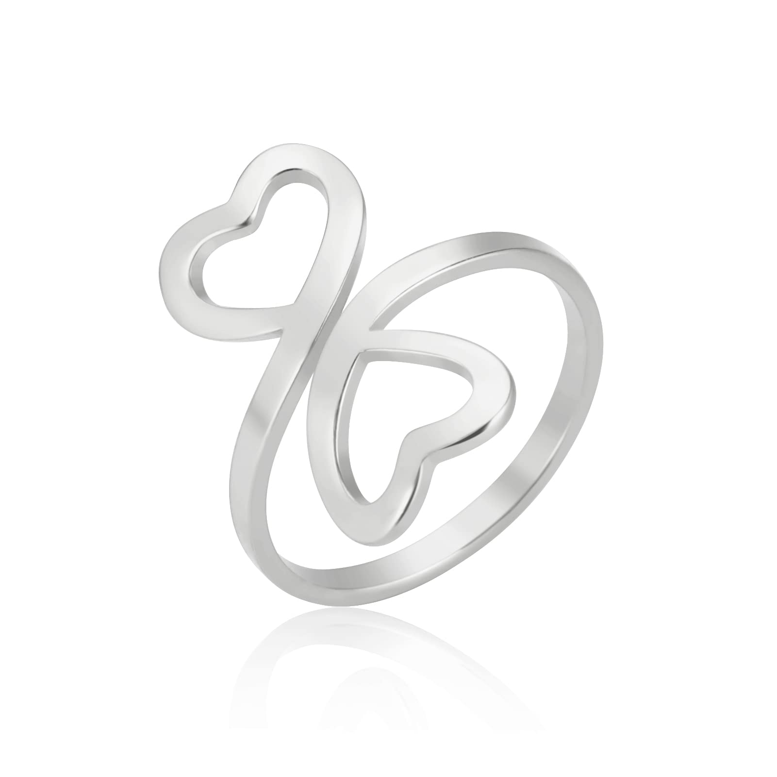 LIKGREAT Heart Ring Adjustable Heart Shaped Ring for Women Double Heart Rings Love Statement Finger Rings (silver, 7)