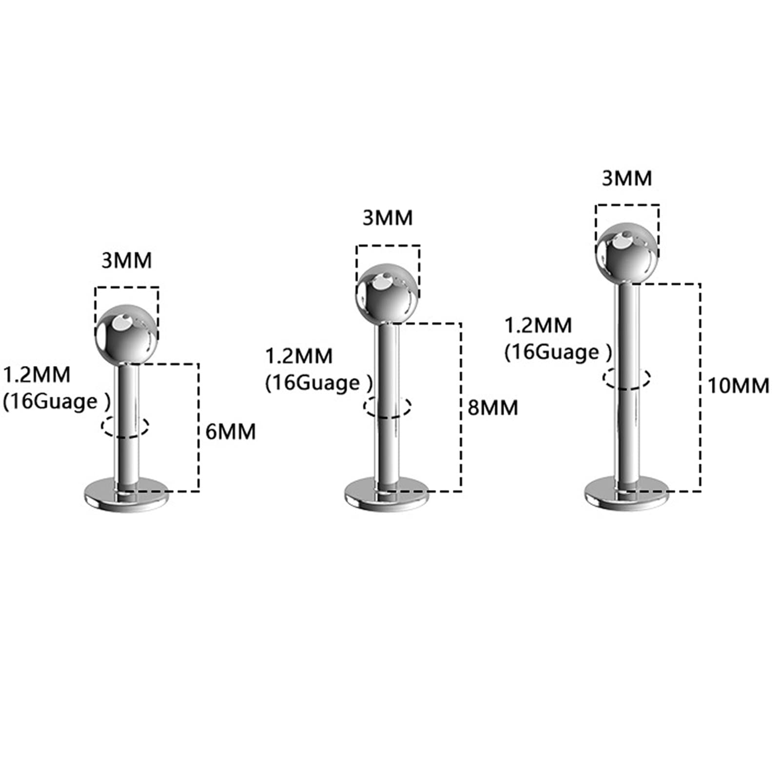 SQKXKLCZ 3pcs G23 Titanium 16G 6mm 8mm 10mm Press Fit Threadless Push Pop 3mm Ball Top Flat Back Piercing Lip Stud Earring Labret Monroe Lip Ring/Tragus/Cartilage Earring Stud