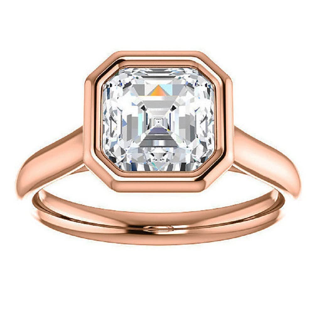 10K/14K/18K Solid Rose Gold Handmade Engagement Ring, 2 CT Asscher Cut Moissanite Solitaire Ring, Wedding Ring Set for Women/Her, Anniversary/Promise Gifts, VVS1 Colorless, Jewelry