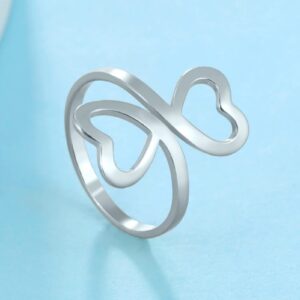 LIKGREAT Heart Ring Adjustable Heart Shaped Ring for Women Double Heart Rings Love Statement Finger Rings (silver, 7)