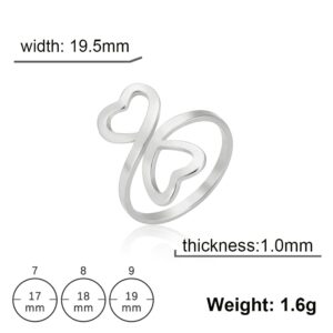 LIKGREAT Heart Ring Adjustable Heart Shaped Ring for Women Double Heart Rings Love Statement Finger Rings (silver, 7)