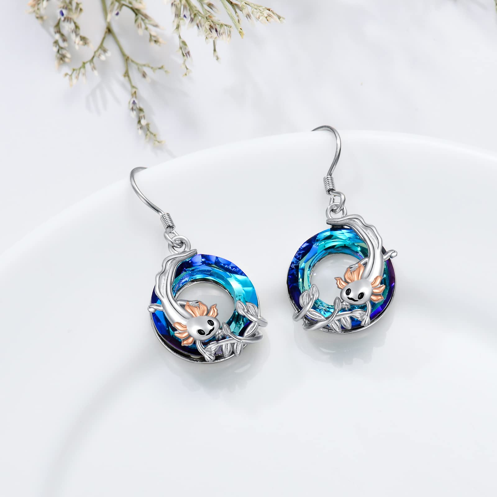 YAFEINI Axolotl Dangling Earrings 925 Sterling Silver Axolotl Blue Crystal Earrings Axolotl Jewelry Gifts for Women