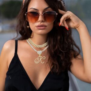 KOHOTA Gold Cuban Link Chain for Women Cursive Initial Pendant Necklace Layered Heart Shaped Zirconia Iced Out Chain Bling Necklace 24K Gold Plated Luxury Hip Hop Jewelry