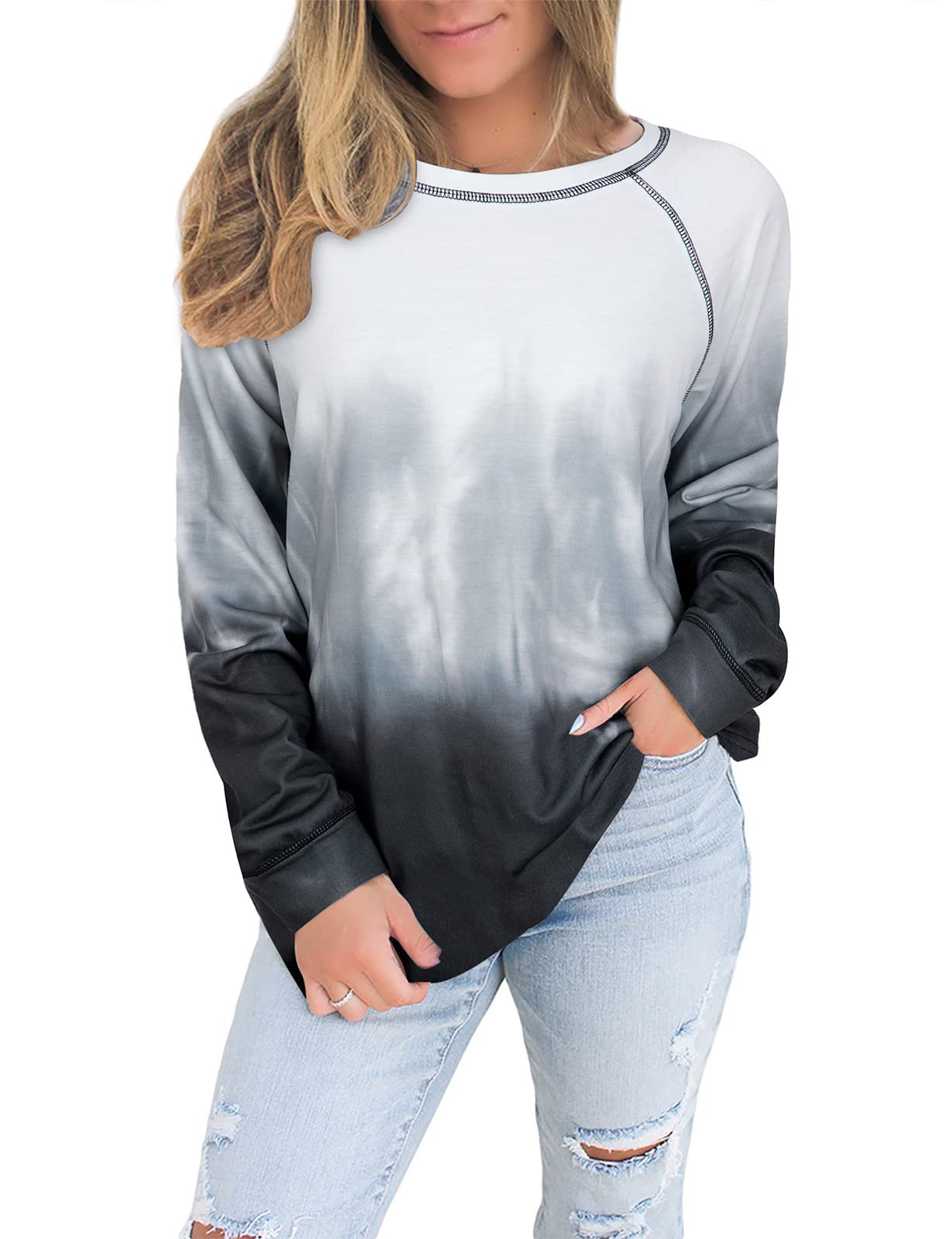 Tanst Sky Sweatshirts for Teen Girls, Long Sleeve Crew Neck Shirts Loose Color Block Tops Fashion Casual Fall Clothes for Women 2023 Gray Small