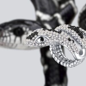 Darupo Punk Crystal Snake Adjustable Statement Cocktail Ring for Women Retro Rhinestone Serpent Elastic Stretch Ring (Silver)