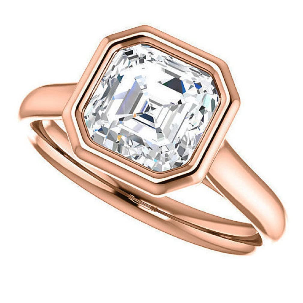 10K/14K/18K Solid Rose Gold Handmade Engagement Ring, 2 CT Asscher Cut Moissanite Solitaire Ring, Wedding Ring Set for Women/Her, Anniversary/Promise Gifts, VVS1 Colorless, Jewelry