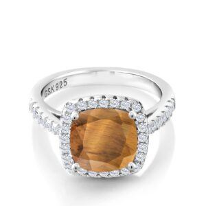 Gem Stone King 2.50 Ct Cushion Brown Tiger Eye White Created Sapphire 925 Sterling Silver Ring (Size 7)