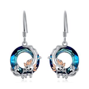 yafeini axolotl dangling earrings 925 sterling silver axolotl blue crystal earrings axolotl jewelry gifts for women