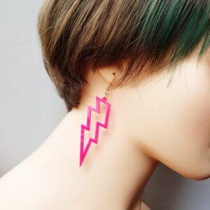 Multicolor 80s Neon Earrings Acrylic Exaggerated Lightning Bolt Dangle Earrings Halloween Retro 80 90's Party Costume Accessories Jewelry for Women-Hollow Pink